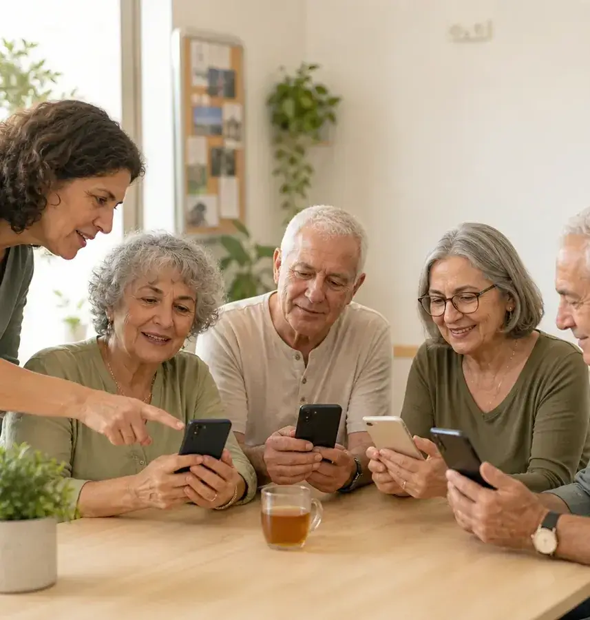 מנחה מראה על מסך הטלפון לארבעה משתתפים בני 60 ומעלה שיושבים סביב שולחן